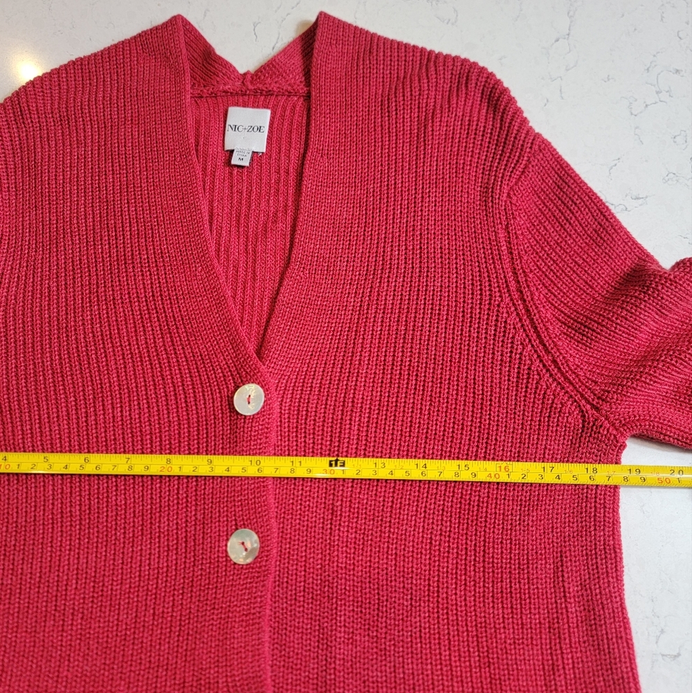 Nic+Zoe Deep Red Knit Cardigan M Tulle Fringe Cuffs Pearl Buttons Statement - Picture 5 of 13